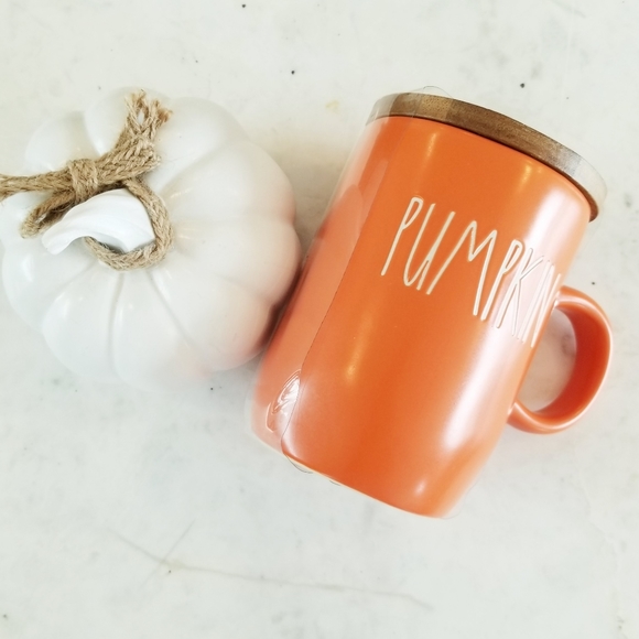 Rae Dunn Orange Pumpkin Fall Holiday Mug Coffee Cup Wood Lid with Leaf NWT - Picture 2 of 9